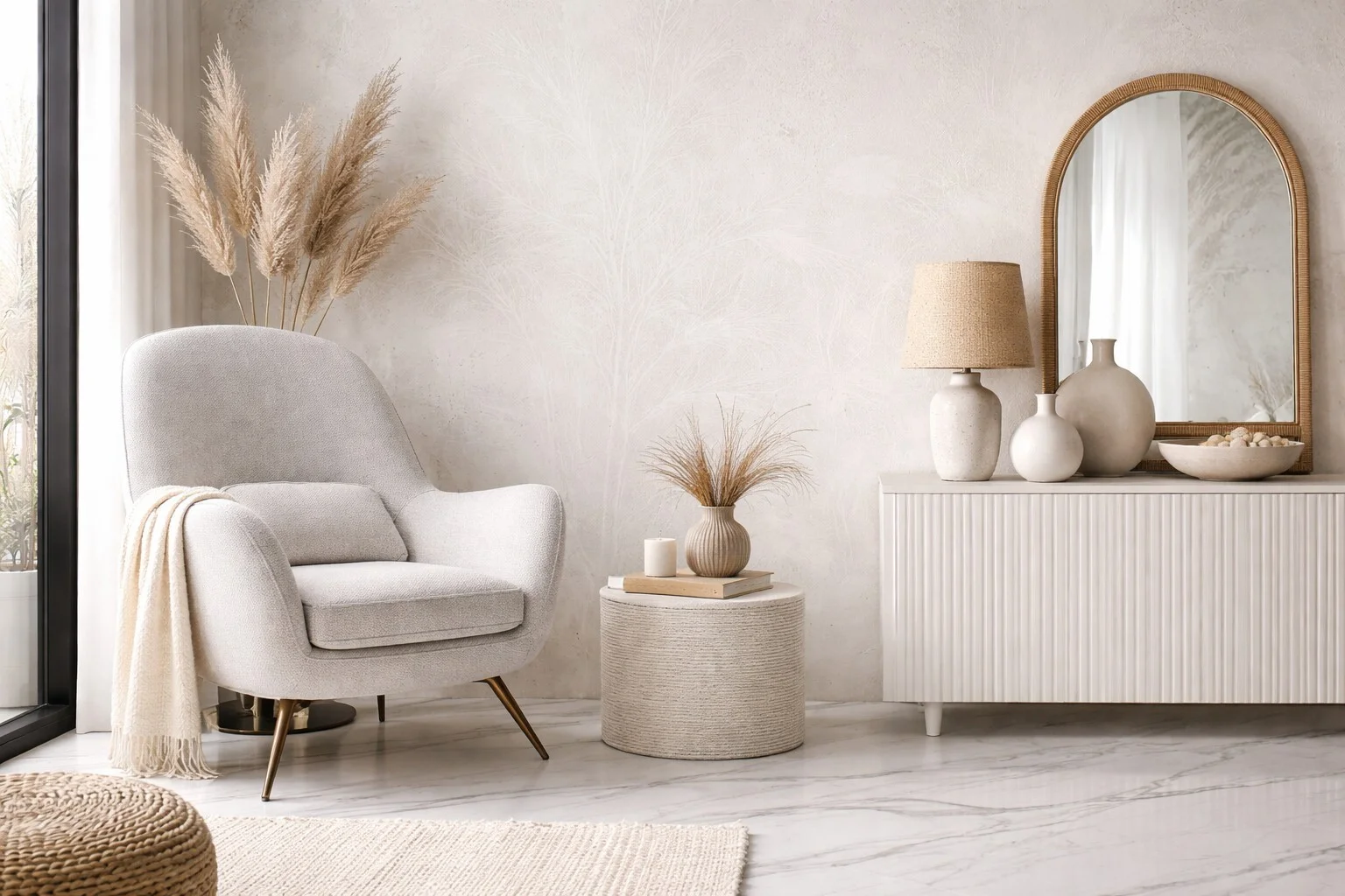Интерьер в цвете White Onyx: светлая фактурная стена и мягкий текстиль